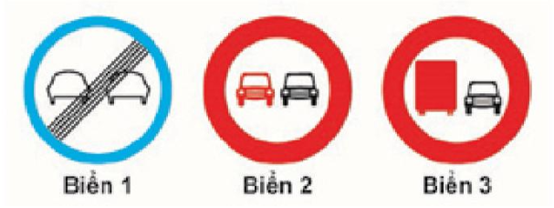 Biển nào không cho phép ô tô con vượt?  A. Biển 1. B. Biển 2. C. Biển 3. (ảnh 1)