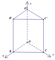 Trong không gian Oxyz, cho hình lăng trụ đứng OBC.O'B'C' có đáy là tam giác OBC vuông tại O. Cho biết B(3; 0; 0), C(0; 1; 0), O'(0; 0; 2) (ảnh 1)
