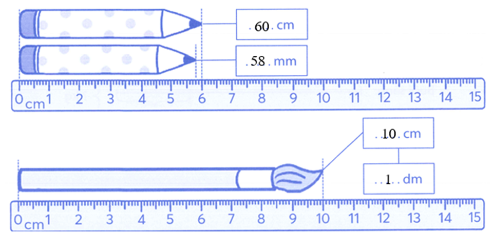 A. TÁI HIỆN, CỦNG CỐ  a) Đánh dấu vào vạch chỉ 8 mm, 17 mm, 39 mm, 44 mm trên thước trong hình vẽ sau (theo mẫu): (ảnh 3)