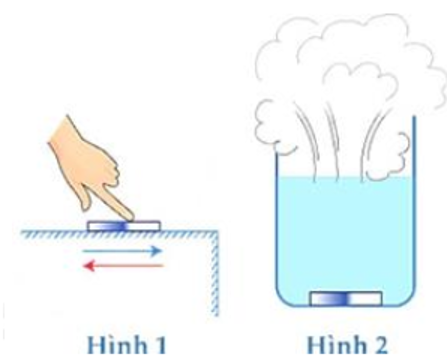 Hình vẽ bên thể hiện hai cách làm thay đổi nội năng của một vật đó là dùng tay cọ xát miếng đồng trên mặt bàn (hình 1) và cho nước sôi vào trong cốc có sẵn miếng đồng ở nhiệt độ phòng (ảnh 1)