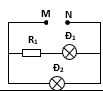 Hai bóng đèn Đ1 và Đ2 có kí hiệu 2,5V – 1W và  6V – 3W, R1 = 8,75 ôm được mắc như hình vẽ. Biết các bóng đèn sáng bình (ảnh 1)