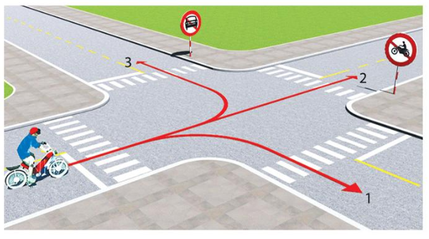Theo hướng mũi tên, những hướng nào xe gắn máy đi được?  A. Cả ba hướng.  (ảnh 1)