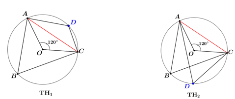 Cho tứ giác \(A;\,B;\,C;\,D\) thuộc \[\left( O \right)\]. Biết \[\widehat {AOC}\, = \,120^\circ \]. Khi đó số đo \[\widehat {ADC}\] là: (ảnh 1)
