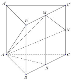 Cho hình lăng trụ đứng ABC.A'B'C' có AB = AC = a góc BAC = 120 độ, AA'= a. Gọi M, N lần lượt là trung điểm của B'C' và CC' (ảnh 1)
