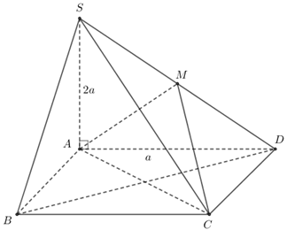 Cho hình chóp SABCD có đáy ABCD là hình vuông cạnh a, cạnh bên SA = 2a và vuông góc với mặt phẳng đáy. Gọi M là trung điểm cạnh SD (ảnh 1)