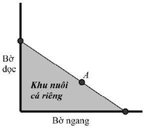 (Trả lời ngắn) Câu 31.	Người ta giăng lưới để nuôi riêng một loại cá trên một góc hồ. Biết rằng lưới được giăng theo một đường thẳng từ một vị trí trên bờ ngang đến một vị trí trên bờ dọc và phải đi qua một cái cọc đã cắm sẵn ở vị trí \(A\). Hỏi diện tích nhỏ nhất có thể giăng là bao nhiêu, biết rằng khoảng cách từ cọc đến bờ ngang là \(5\,m\) và khoảng cách từ cọc đến bờ dọc là \(12\,m\).   Trả lời: \(120{m^2}\). (ảnh 1)