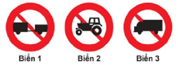 Biển nào cấm máy kéo?  A. Biển 1 và 2. B. Biển 1 và 3. C. Biển 2 và 3. D. Cả ba biển.  (ảnh 1)