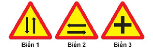 Biển nào báo hiệu “Giao nhau với đường hai chiều”?  A. Biển 1. B. Biển 2. C. Biển 3. (ảnh 1)
