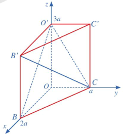 Trong không gian với hệ tọa độ Oxyz, cho hình lăng trụ đứng OBC.O'B'C' với O(0; 0; 0), B(2a; 0; 0), C(0; a; 0), O'(0 ; 0; 3a), a >0 (ảnh 1)