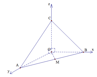 Cho hình chóp O.ABC có ba cạnh OA, OB, OC đôi một vuông góc và OA = OB = OC = a. Gọi M là trung điểm cạnh AB.  (ảnh 1)