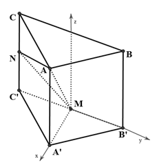 (Trả lời ngắn) Cho hình lăng trụ đứng ABC.A'B'C' có AB = AC = a, BAC = 120 độ. Gọi M, N lần lượt là trung điểm của B'C' và CC' (ảnh 1)
