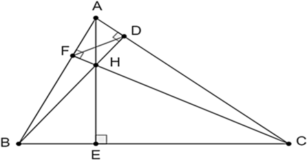 Cho tam giác ABC nhọn AB < AC, ba đường cao AE, BD, CF cắt nhau tại H (ảnh 1)