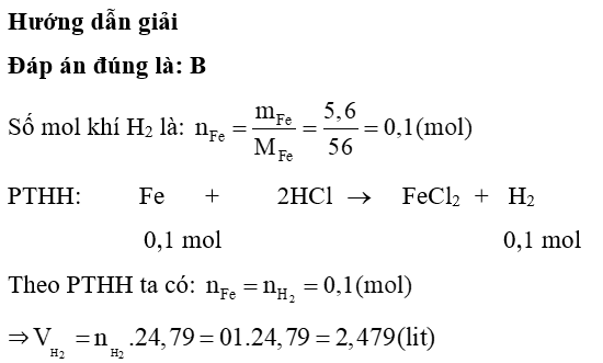 Cho 5,6 g sắt tác dụng với hydrochloric acid dư, sau phản ứng thể tích khí H2 thu được (ở đkc) làA.1,24 lit. B. 2,479 lit.C. 12,4 lit. (ảnh 1)