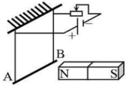 Một đoạn dây dẫn AB được treo trên những sợi dây đồng mảnh, nhẹ, không dãn và được kết nối với nguồn điện một chiều như hình vẽ bên (ảnh 1)
