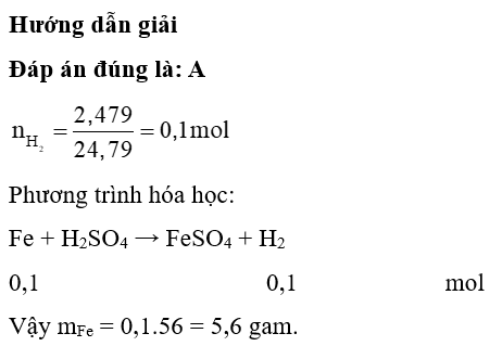 Hòa tan m gam Fe bằng dung dịch H2SO4 loãng, dư thu được 2,479 lít khí H2 (ở đkc). Giá trị của m là (ảnh 1)