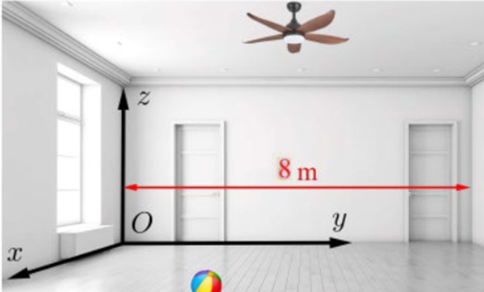 Trong một căn phòng dạng hình hộp chữ nhật với chiều dài 8m, rộng 6m và cao 4m có 1 cây quạt trần ở vị trí tâm trần nhà. Chọn hệ trục tọa độ như hình vẽ (đơn vị: mét). Nếu cây quạt trần đột n (ảnh 1)