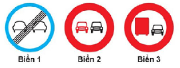 Biển nào cho phép ô tô con được vượt?  A. Biển 1 và 2. B. Biển 2. C. Biển 1 và 3.  (ảnh 1)