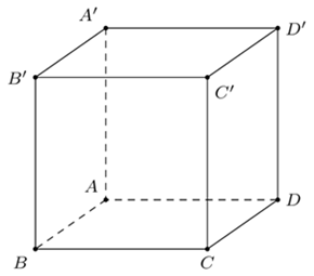 Title: 20241022132335314 - Description: \begin{tikzpicture}[scale=.7, font=\footnotesize, line join=round, line cap=round, >=stealth]
\def\bc{4} % cạnh BC
\def\ba{2} % cạnh BA
\def\gocB{35} % góc B của đáy
\coordinate[label=below left:$B$] (B) at (0,0);
\coordinate[label=above left:$A$] (A) at (\gocB:\ba);
\coordinate[label=below:$C$] (C) at (\bc,0);
\coordinate[label=right:$D$] (D) at ($(C)-(B)+(A)$);
\coordinate[label=above left:$A'$] (A') at ($(A)+(90:\bc)$);
\coordinate[label=left:$B'$] (B') at ($(B)-(A)+(A')$);
\coordinate[label=below right:$C'$] (C') at ($(C)-(A)+(A')$);
\coordinate[label=right:$D'$] (D') at ($(D)-(A)+(A')$);
\draw (B')--(B)--(C)--(D)--(D')--(A')--(B')--(C')--(D') (C)--(C');
\draw[dashed] (A')--(A)--(D) (A)--(B);
\foreach \diem in {A,B,C,D,A',B',C',D'} \fill (\diem)circle(1.5pt);
\end{tikzpicture}
