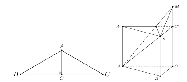 (Trả lời ngắn) Cho hình lăng trụ đứng ABC.A'B'C' có đáy là tam giác cân đỉnh A. Biết BC = a√3 và ABC = 30 độ, cạnh bên AA' = 0 (ảnh 1)