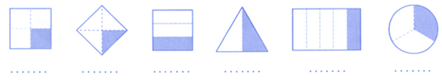 a) Viết \[\frac{1}{2};\frac{1}{3};\frac{1}{4};\frac{1}{5}\] vào chỗ chấm cho thích hợp:  b) Tô màu vào \[\frac{1}{5}\] của mỗi hình sau: (ảnh 1)