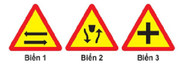 Biển nào báo hiệu “Giao nhau với đường hai chiều”?  A. Biển 1. B. Biển 2. C. Biển 3.  (ảnh 1)