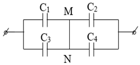 Cho các tụ điện C_1 = C_2 = C_3 = C_4 = 5 mu F được mắc thành mạch như hình vẽ (ảnh 1)