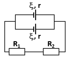 Cho mạch điện như hình bên. Trong đó ξ = 26 V; r = 4 Ω; R1 = 5 Ω; R2 = 6 Ω . Tính cường độ dòng điện chạy trong mạch (ảnh 1)
