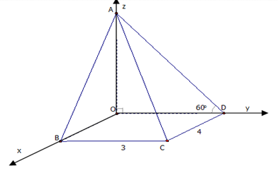 (Trả lời ngắn) Cho khối tứ diện ABCD có BC = 3, CD = 4, góc ABC = ADC = BCD = 90 độ. Góc giữa đường thẳng AD và BD bằng 60 độ (ảnh 1)