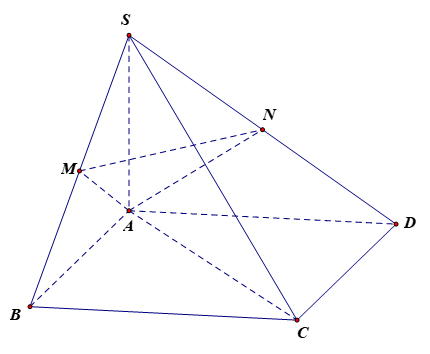 Cho hình chóp S.ABCD có đáy ABCD là hình chữ nhật. Biết rằng cạnh AB = a, AD = 2a, cạnh bên SA = 2a và vuông góc với mặt đáy. Gọi M, N lần lượt là trung điểm của các cạnh SB, SD. Khi đó: (ảnh 1)