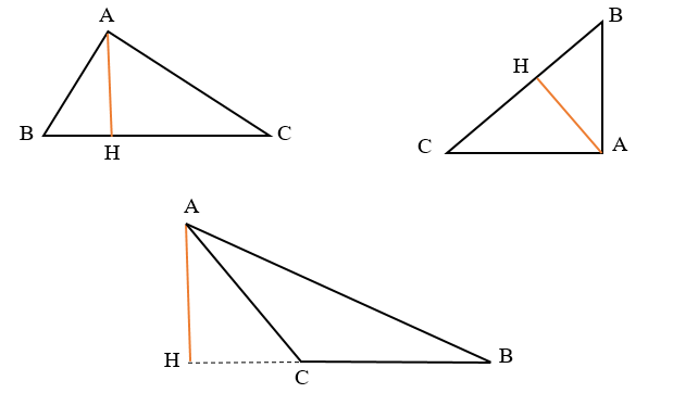 Thực hành vẽ đường cao AH của hình tam giác ABC trong mỗi hình sau: (ảnh 2)