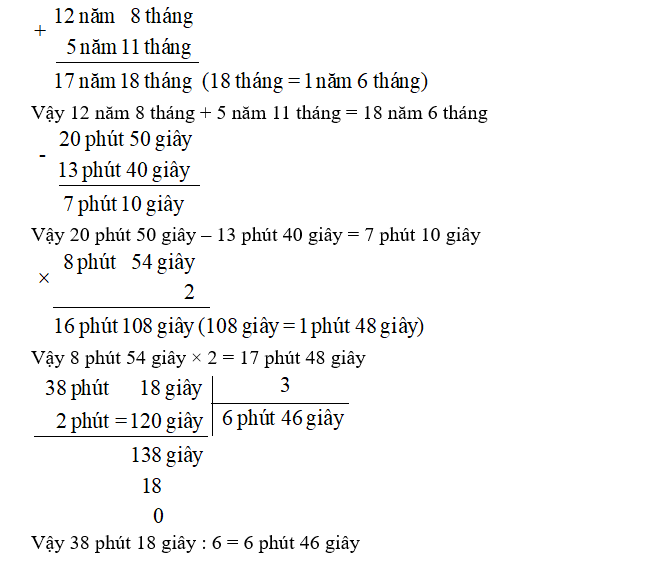 Tính:  12 năm 8 tháng + 5 năm 11 tháng (ảnh 1)