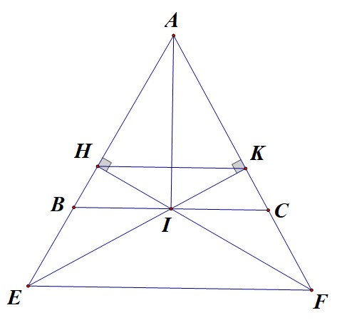 Chứng minh \[\Delta IHB = \Delta IKC\]. (ảnh 1)
