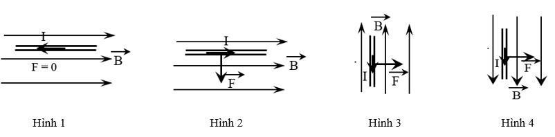 Hình nào biểu diễn đúng hướng lực từ tác dụng lên một đoạn dây dẫn thẳng mang dòng điện I có chiều như hình vẽ đặt trong từ trường đều, đường sức từ có hướng như hình vẽ? (ảnh 1)