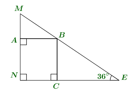Bạn hãy chọn đáp án đúng. Cho hình vẽ sau.   Biết \(AB \bot MN\), \(NE \bot MN\), \(BC \bot NE\) và \(\widehat {CEB} = 36^\circ \). Khi đó \(\widehat {CBE} =  \ldots ?\) (ảnh 1)