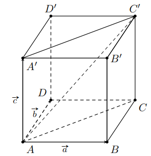 Cho hình hộp \[ABCD.A'B'C'D'\]. Đặt \[\overrightarrow {AB}  = \overrightarrow a \], \[\overrightarrow {AD}  = \overrightarrow b \], \[\overrightarrow {AA'}  = \overrightarrow c \]. Phân tích vectơ \[\overrightarrow  (ảnh 1)