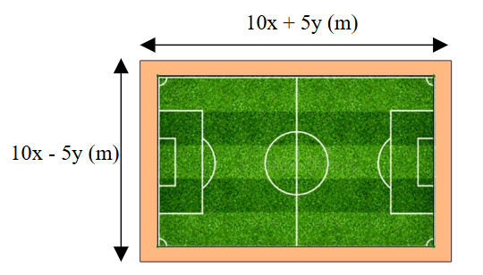 Chiều dài của mặt sân trồng cỏ là \(10x - 5y - 6{\rm{ }}\left( {\rm{m}} \right).\) (ảnh 1)