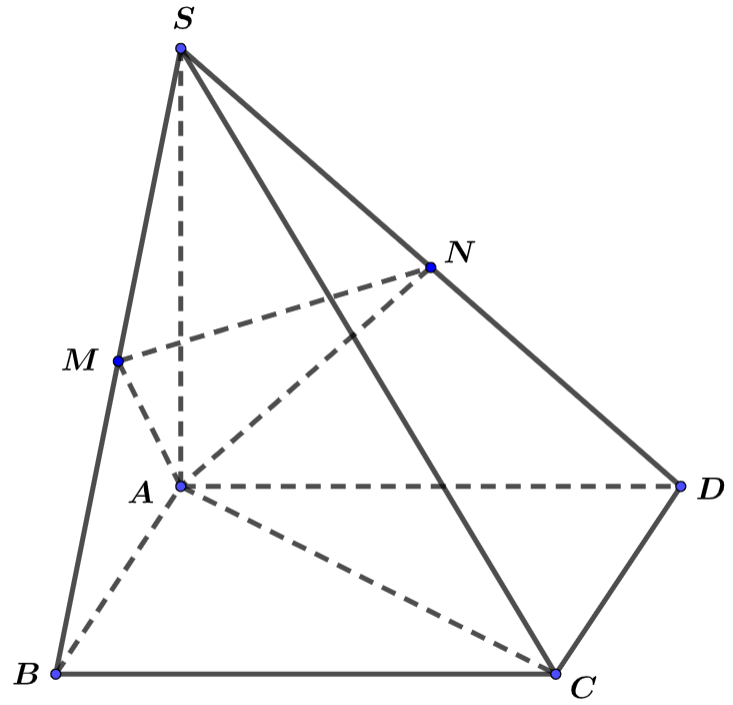 Cho hình chóp \[S.ABCD\] có đáy \[ABCD\] là hình chữ nhật. Biết rằng: cạnh \[AB = a\], \[AD = 2a\], cạnh bên \[SA = 2a\] và vuông góc với mặt đáy. Gọi \[M\], \[N\] lần lượt là trung điểm của các cạnh \[SB\], \[SD\]. Các mệnh đề sau đúng hay sai  ? (ảnh 1)