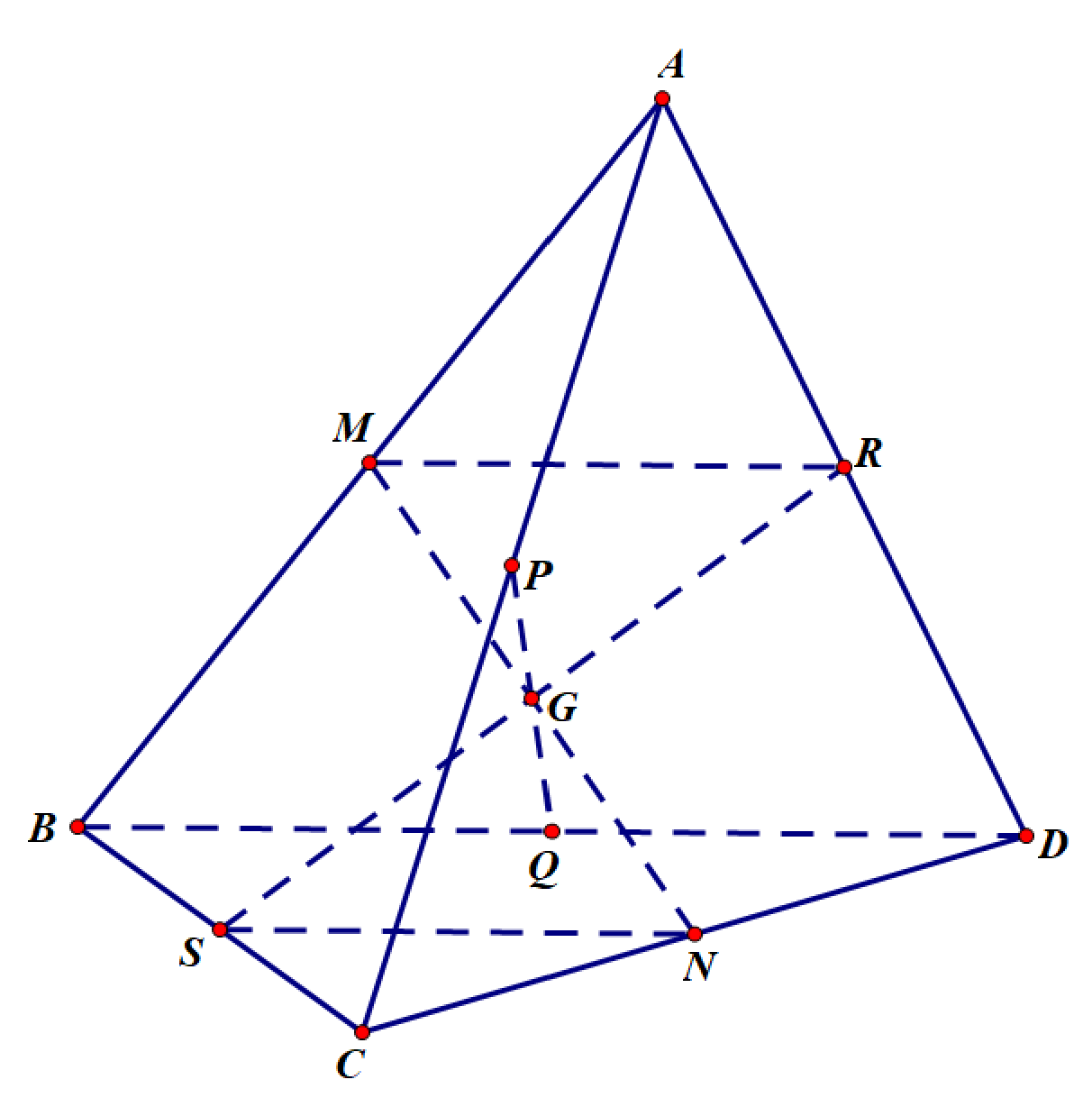 Cho tứ diện \(ABCD\). Gọi \(M\), \(N\), \(P\), \(Q\), \(R\), \(S\), \(G\) lần lượt là trung điểm các đoạn thẳng \(AB\), \(CD\), \( (ảnh 2)