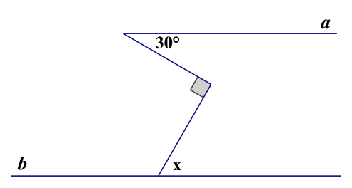 Cho \[a\,{\rm{//}}\,b\] như hình vẽ bên. Số đo góc \[x\] bằng:   A. \[30^\circ \].		B. \[60^\circ \].		C. \[150^\circ \].		D. \[90^\circ \]. (ảnh 1)