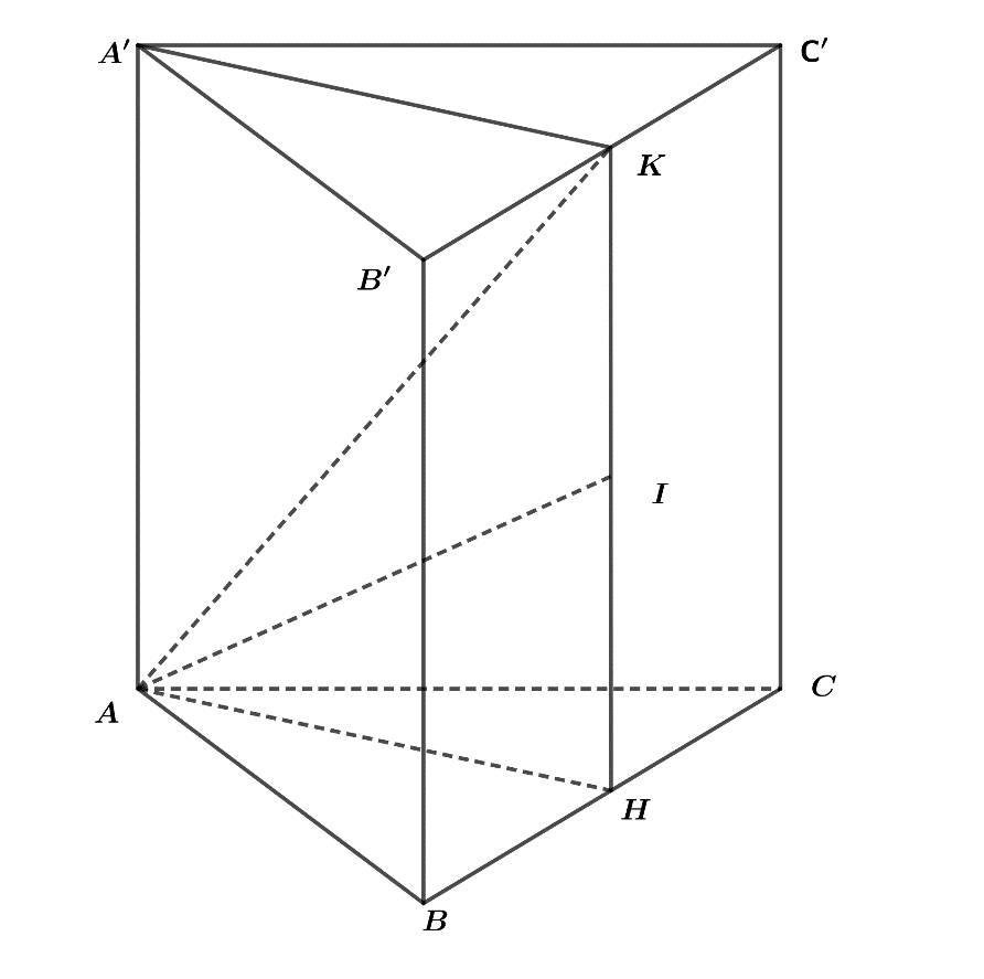 Cho hình lăng trụ đứng \(ABC\,A'B'C'\) đáy là tam giác đều cạnh \(2a,\,AA' = a\sqrt 3 \). \(H,K\) lần lượt là trung điểm \(BC,\,\,B'C'\). Các mệnh đề sau đúng hay sai  ? (ảnh 1)