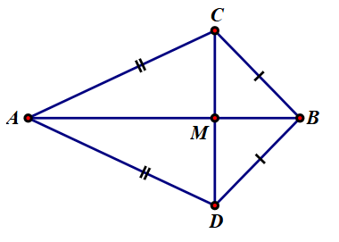         a) \[\Delta ABC = \Delta ADB\].          b) \[AB\] là phân giác của \[\widehat {CAD}.\]          c) \[\Delta ACM = \Delta ADM\].          d) \[AB \bot CD\]. (ảnh 1)