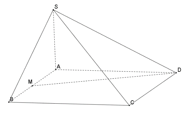 Cho hình chóp \(S.ABCD\) có đáy \(ABCD\) là hình chữ nhật với \(SA = 4,AB = 1,AD = 2\) và \(SA \bot \left( {ABCD} \right)\). Gọi \(M\) là trung điểm của \(AB\). Tính góc giữa hai vectơ \(\overrightarrow {SC} \) và \(\overrightarrow {DM} \). (ảnh 1)