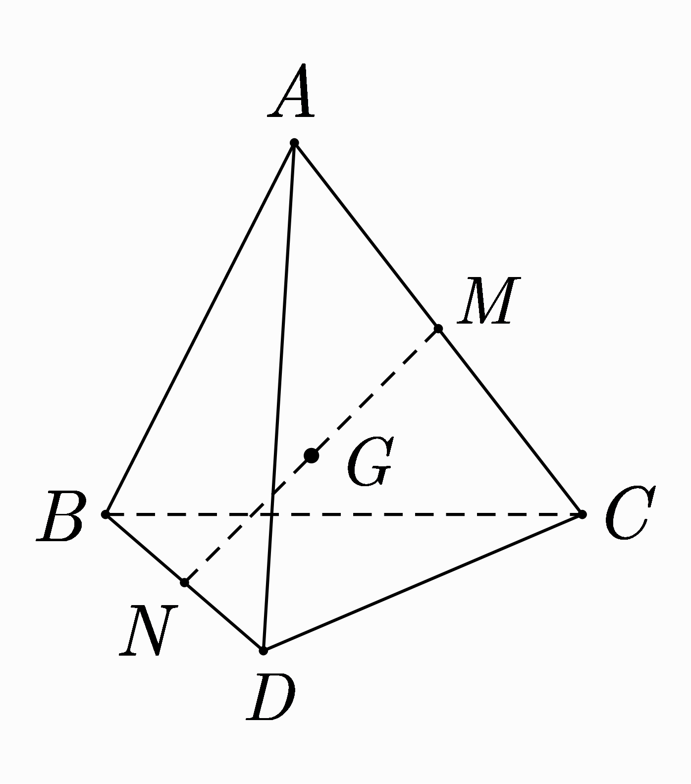 Cho tứ diện \(ABCD\) có \(M,N\) lần lượt là trung điểm các cạnh \(AC\) và \(BD.\) Gọi \(G\) là trung điểm của đoạn thẳng \(MN.\) Hãy chọn khẳng định sai (ảnh 1)