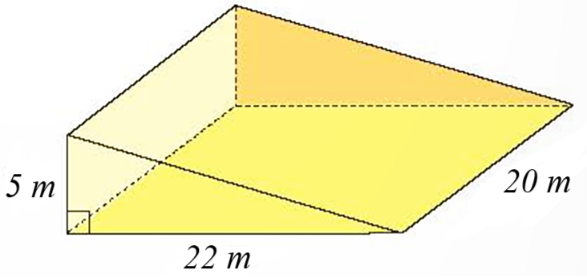 Để thi công một con dốc, người ta đúc một khối bê tông hình lăng trụ đứng tam giác có kích  thước (như hình vẽ). Tính thể tích của khối bê tông. (ảnh 1)