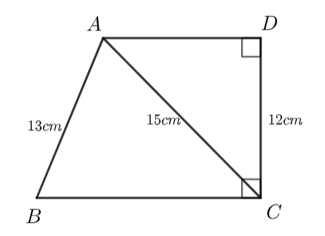 Cho hình vẽ dưới đây. Biết \(AD \bot DC;DC \bot BC\) và độ dài các cạnh \(AB = 13{\rm{ cm, }}\) \(AC = 15{\rm{ cm,}}\)\(DC = 12{\rm{ cm}}{\rm{.}}\)   Hỏi độ dài đoạn thẳng \(BC\) bằng bao nhiêu centimet? (ảnh 1)