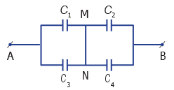 Cho các tụ điện C1 = C4 = 3,0 µF; C2 = C3 = 2,0 µF được mắc thành mạch như hình. Điện dung tương đương của bộ tụ bằng bao nhiêu µF? (ảnh 1)