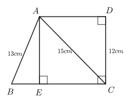 Cho hình vẽ dưới đây. Biết \(AD \bot DC;DC \bot BC\) và độ dài các cạnh \(AB = 13{\rm{ cm, }}\) \(AC = 15{\rm{ cm,}}\)\(DC = 12{\rm{ cm}}{\rm{.}}\)   Hỏi độ dài đoạn thẳng \(BC\) bằng bao nhiêu centimet? (ảnh 2)