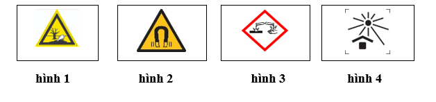 Biển báo cảnh báo chất ăn mòn là    A. hình 1				B. hình 2		C. hình 3 		D. hình 4  (ảnh 1)