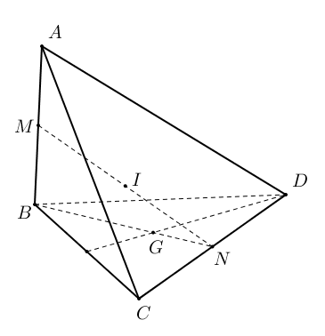 Cho tứ diện \[ABCD\]. Các điểm \(M,\;N,\;I\) lần lượt là trung điểm của \(AB\), \(CD\), \(MN\) và \(G\) là trọng tâm tam giác \(BCD\). Xét tính đúng sai của các mệnh đề sau: (ảnh 1)