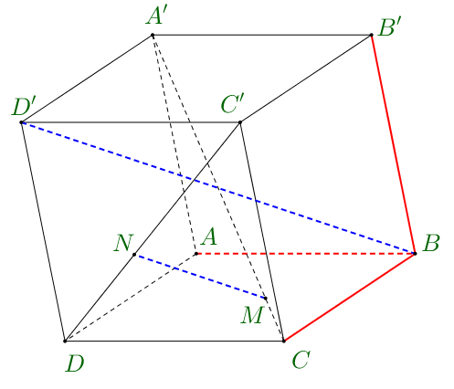 Cho hình hộp \[ABCD.A'B'C'D'\]. Xét các điểm \[M,N\] lần lượt thuộc các đường thẳng \[A'C\,,\,C'D\]sao cho đường thẳng \[MN\] song song với đường thẳng \[BD'\]. Khi đó tỉ số \(\frac{{MN}}{{BD'}}\) bằng ………. (ảnh 1)